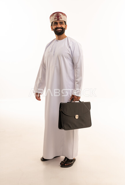 Omani Businessman with Briefcase on White Background
