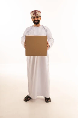 Omani Man Holding Delivery Box on White Background