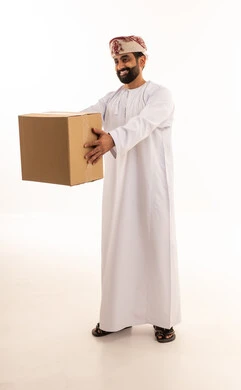 Omani Man Carrying Shipping Box on White Background