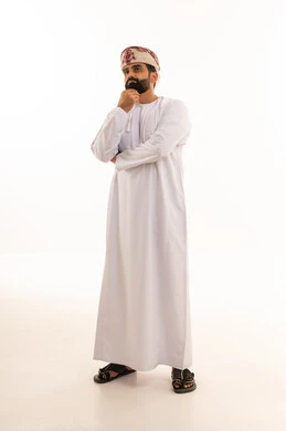 Omani Man in Traditional Dress Thinking on White Background