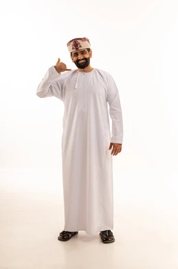 Omani Man in Traditional Dishdasha Call Me Gesture