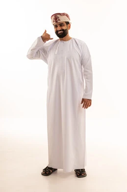 Omani Man in Dishdasha with Phone Hand Gesture