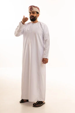 Omani Man in Traditional Dishdasha Yawning on White Background