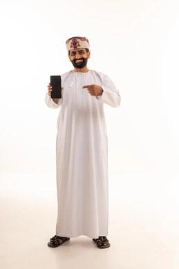 Omani Man Pointing at Smartphone on White Background