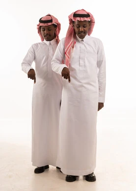 Saudi Men in Traditional Thobe Pointing Down