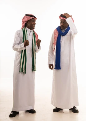 African Men in Saudi Dress with Contrasting Emotions