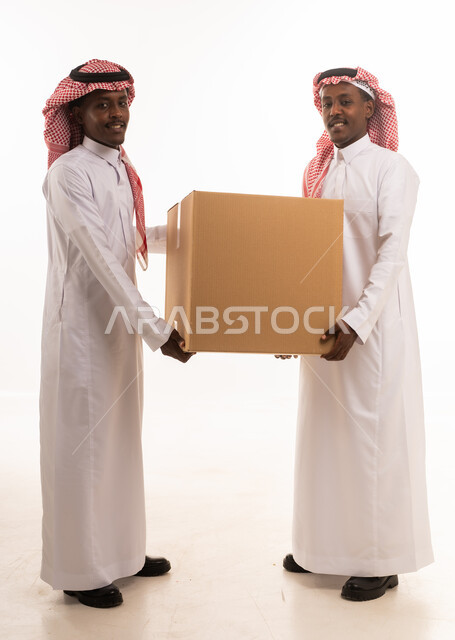 Saudi Men Carrying Cardboard Delivery Box in Studio