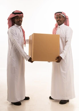 Saudi Men Carrying Cardboard Delivery Box in Studio
