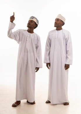 Two Omani Men in Traditional Dishdasha Pointing Upward