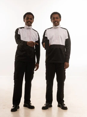 Omani Men Pointing at Smartphone on White Background