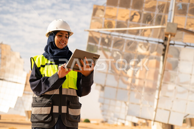 مهندسة سعودية في محطة طاقة شمسية مع جهاز لوحي