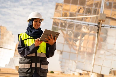 مهندسة سعودية في محطة طاقة شمسية مع جهاز لوحي