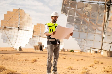 Arab Engineer at Solar Power Plant with Blueprint