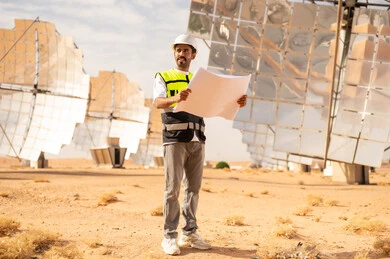 Arab Engineer at Solar Power Plant with Blueprint