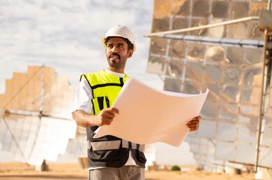 مهندس سعودي في محطة طاقة شمسية مع مخطط