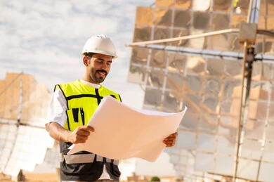 Middle Eastern Engineer Reviewing Solar Plant Blueprints