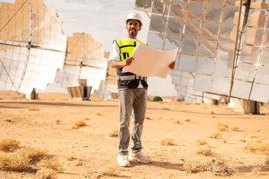 Arab Engineer Holding Blueprint at Solar Power Plant