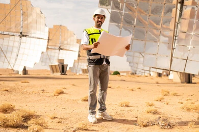 مهندس عربي في محطة طاقة شمسية مع مخططات