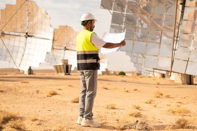Saudi Engineer Examining Blueprints at Solar Power Plant