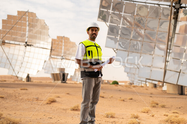 Saudi Engineer in Desert Solar Plant Holding Blueprint