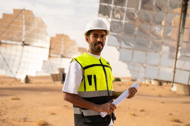 مهندس سعودي في محطة طاقة شمسية صحراوية