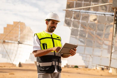 مهندس عربي يستخدم جهاز لوحي في محطة الطاقة الشمسية