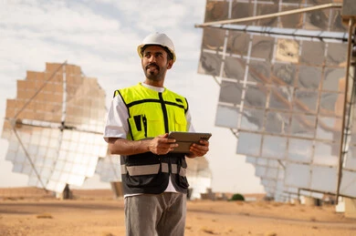 مهندس سعودي في محطة طاقة شمسية صحراوية