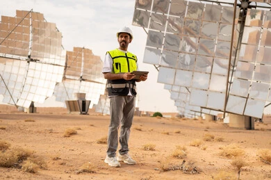 Saudi Engineer at Solar Power Plant with Tablet