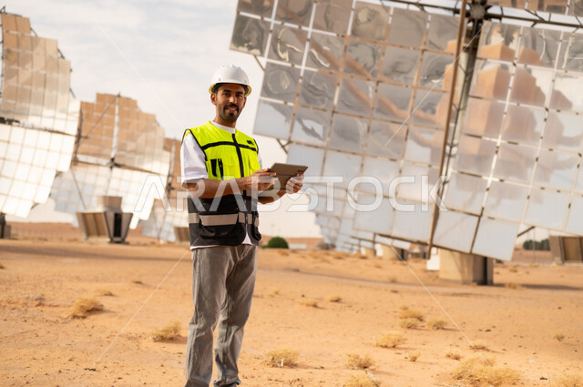 Saudi Engineer at Solar Power Plant with Tablet