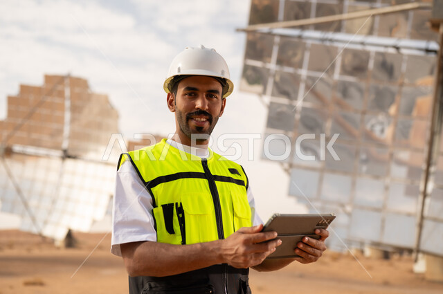 مهندس سعودي يحمل جهاز لوحي في محطة طاقة شمسية