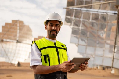 مهندس سعودي يحمل جهاز لوحي في محطة طاقة شمسية