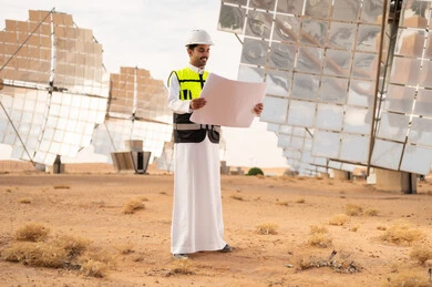 Saudi Engineer with Blueprint at Solar Power Plant