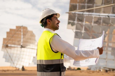 مهندس سعودي يحمل مخططاً في محطة طاقة شمسية