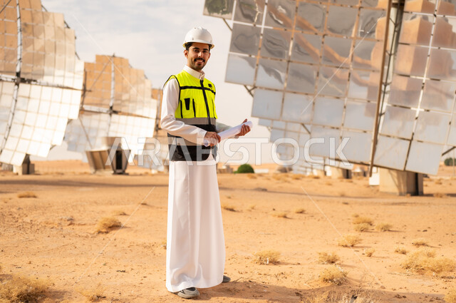 Saudi Engineer at Solar Power Plant with Blueprints
