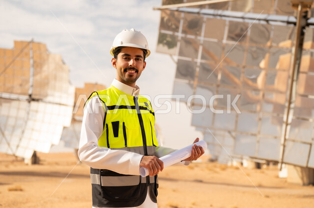 مهندس سعودي في محطة طاقة شمسية مع مخططات