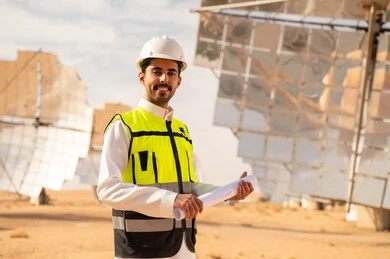 مهندس سعودي في محطة طاقة شمسية مع مخططات