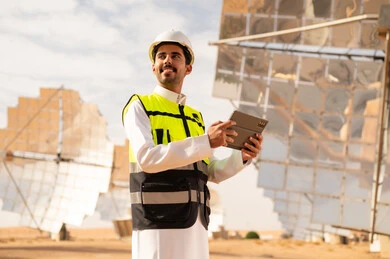 Saudi Engineer at Solar Power Plant with Tablet