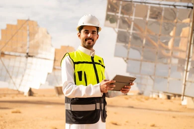Saudi Engineer at Solar Power Plant with Tablet