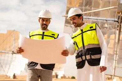 مهندسون عرب مع مخططات في محطة طاقة شمسية