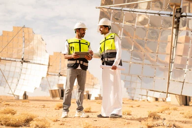 مهندسون سعوديون في محطة طاقة شمسية بالصحراء