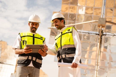 مهندسون عرب في محطة طاقة شمسية مع جهاز لوحي