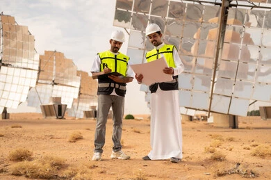 مهندسون سعوديون في محطة طاقة شمسية مع مخططات