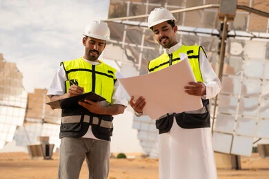 مهندسون سعوديون في محطة للطاقة الشمسية مع مخططات