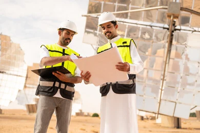 مهندسون عرب يراجعون المخططات في محطة طاقة شمسية