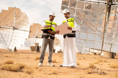 Arab Engineers at Solar Power Plant in Desert
