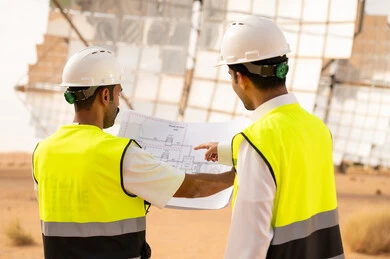 Arab Engineers at Solar Power Plant with Blueprint