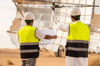 مهندسون في محطة طاقة شمسية في الصحراء