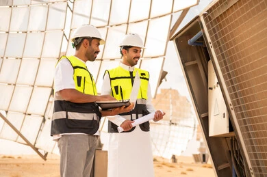 مهندسون سعوديون في محطة طاقة شمسية بالصحراء