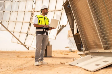 مهندس سعودي في محطة طاقة شمسية في الصحراء