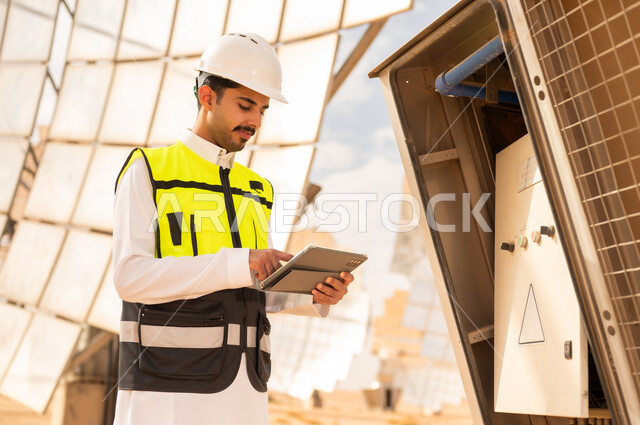 مهندس سعودي يستخدم جهاز لوحي في محطة طاقة شمسية